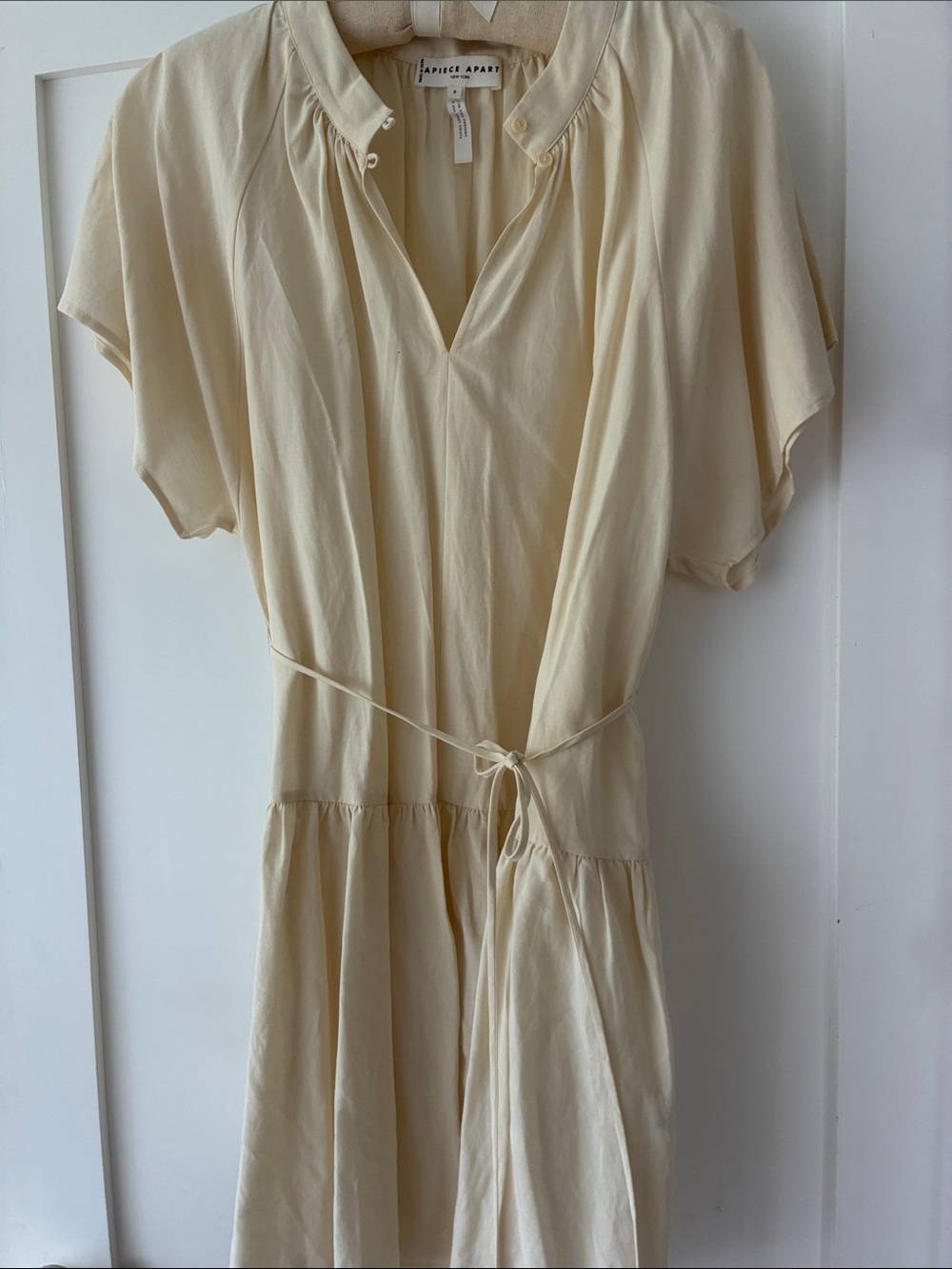 Apiece Apart Light Cream Tie-Waist Flutter Sleeve Mini Dress